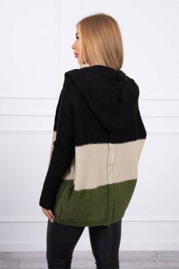 Sweter z kapturem trzykolorowy czarny+beżowy+khaki