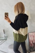 Sweter z kapturem trzykolorowy czarny+beżowy+khaki