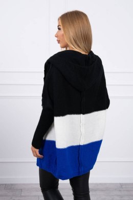 Sweter z kapturem trzykolorowy czarny+ecru+chabrowy