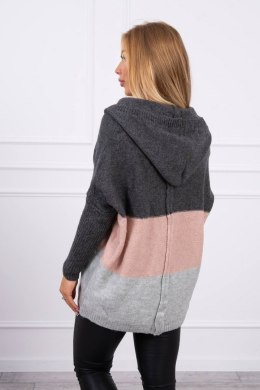 Sweter z kapturem trzykolorowy grafitowy+pudrowy róż+szary