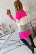 Sweter Kardigan w pasy różowy neon+ecru