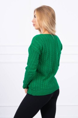 Sweter pleciony z dekoltem V zielony