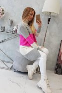Sweter Kardigan w pasy szary+różowy neon
