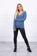 Sweter pleciony z dekoltem V jeansowy