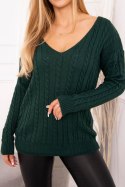 Sweter pleciony z dekoltem V ciemno zielony