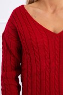 Sweter pleciony z dekoltem V czerwony