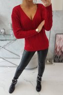 Sweter pleciony z dekoltem V czerwony