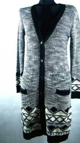 Szaro-czarny długi sweter rozpinany 34