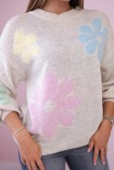 Sweter z moherem w kwiaty beżowy